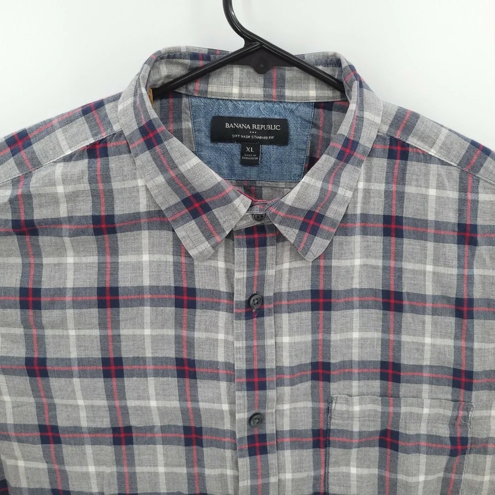 Banana Republic Shirt Mens XL Gray Plaid‎ Soft Wash Standard Fit Long Sleeve